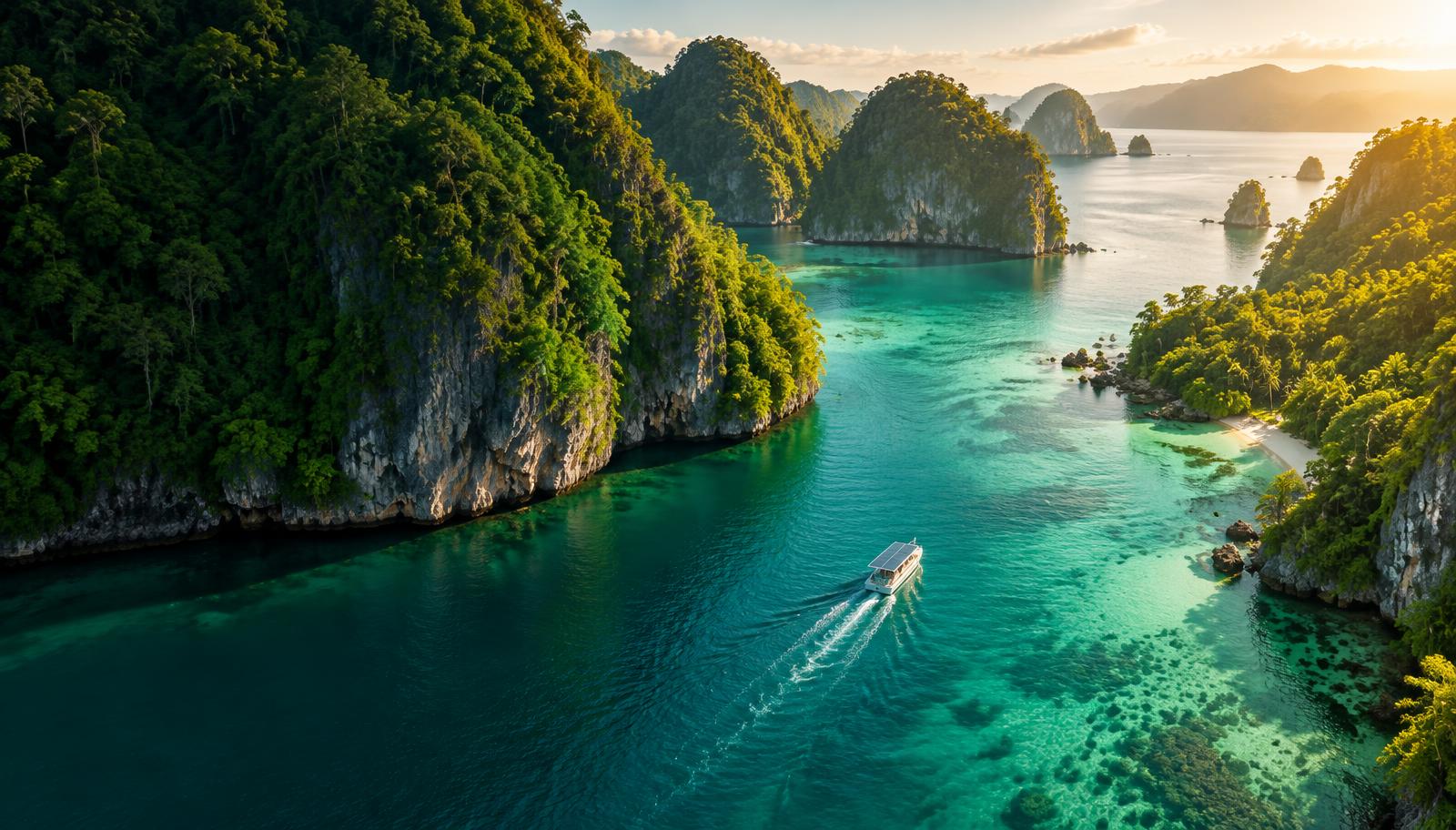 Emerald tropical bay and limestone islands