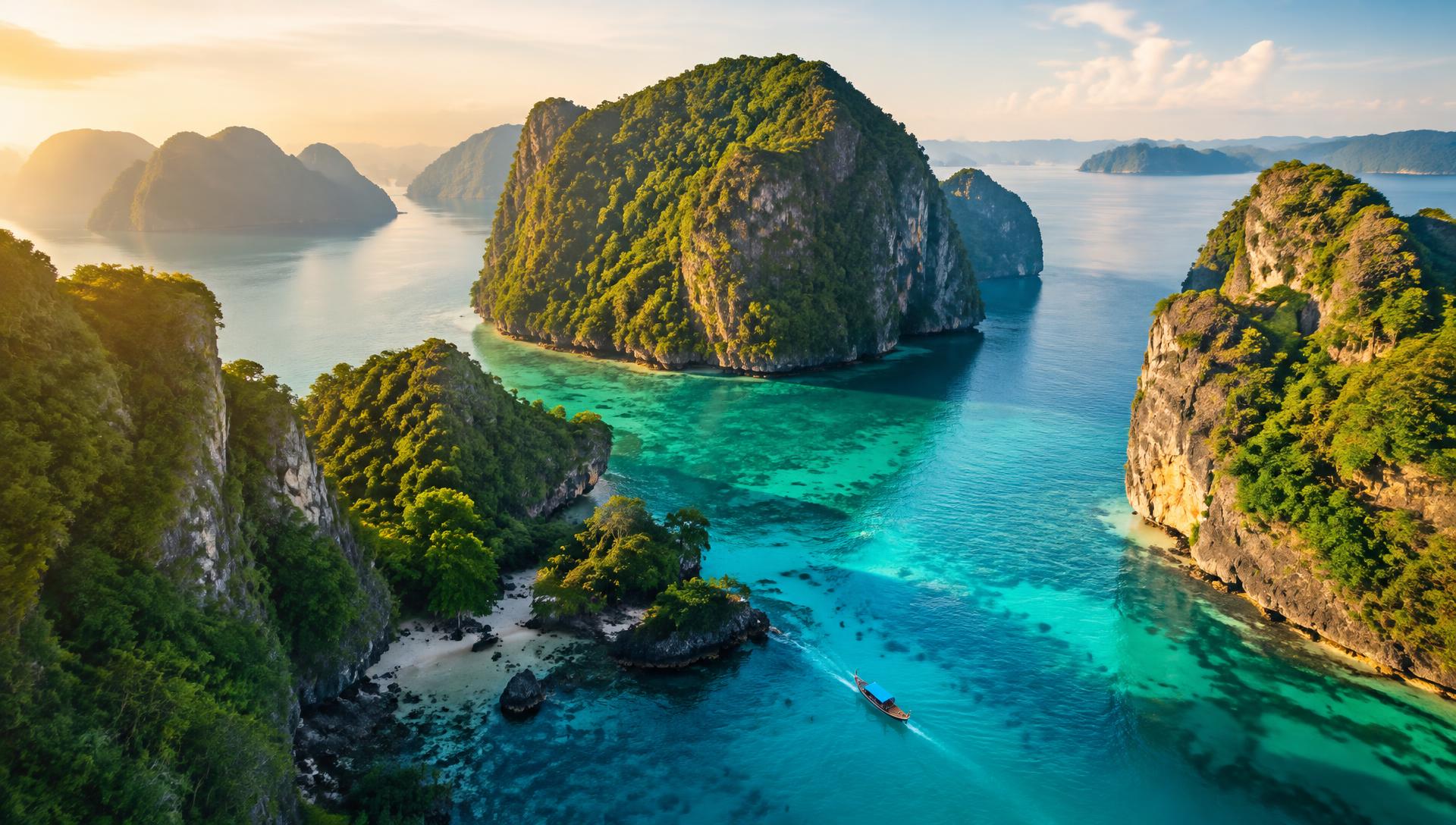 Limestone islands in a turquoise Thai lagoon